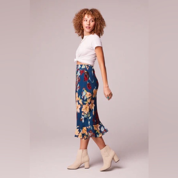 NWT Band Of The Free PISA TEAL FLORAL RUFFLE SLIP SKIRT Bohemian Style Pencil - Picture 3 of 5